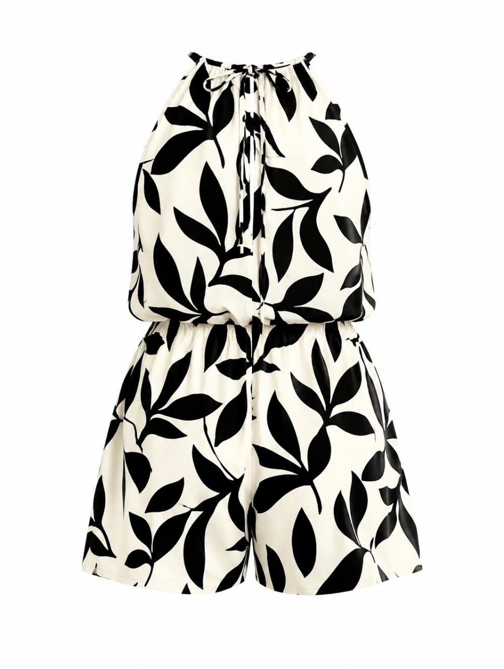 Women's Black & White Leaf Print Halter Romper